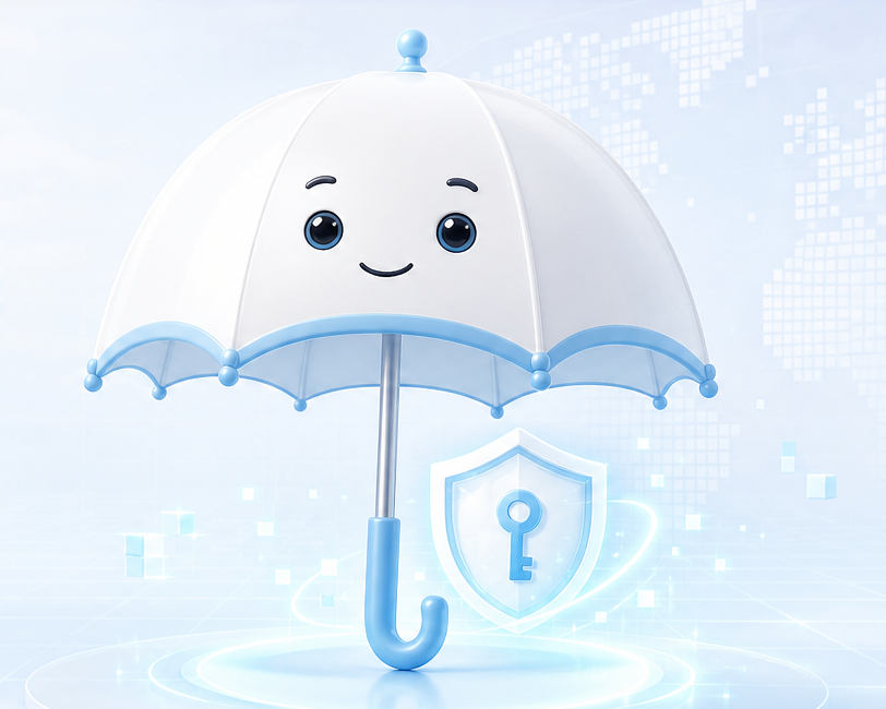 Brella umbrella mascot with a shield and worldwide network background